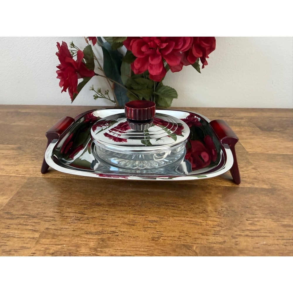 Vintage Gourmates Glo-Hill Canada Atomic Covered Dish Chrome Tray Ruby Red MCM